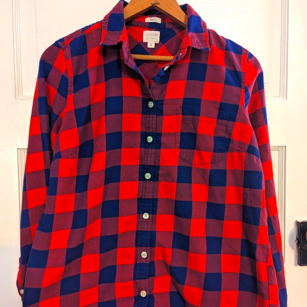 J Crew Women's Boy Fit Blue and Red plaid button size S